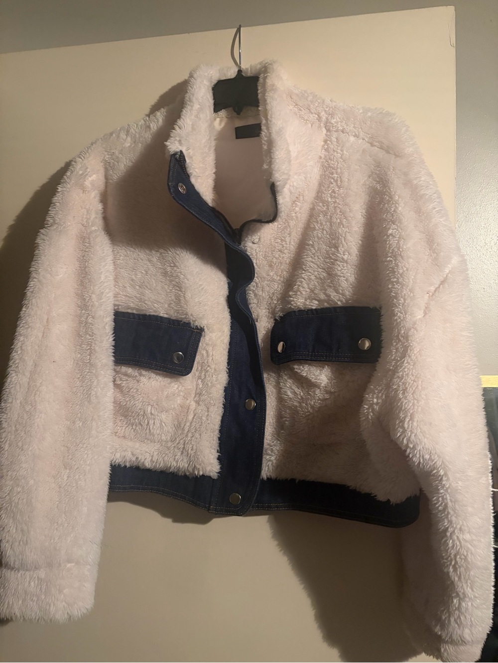 Faux Shearling Crop Jacket with Denim Contrast Trim